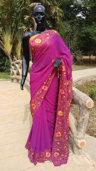 Kashmiri Aari Kasheeda - Lilac Stone Work Georgette Saree