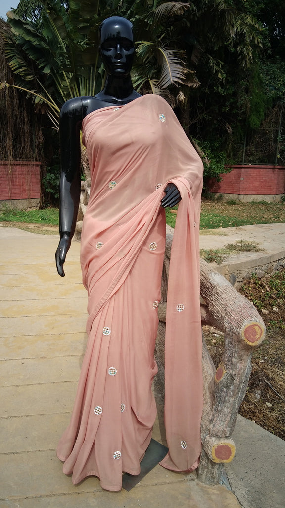 Rainbow Crystals Embellised Champagne Georgette Saree