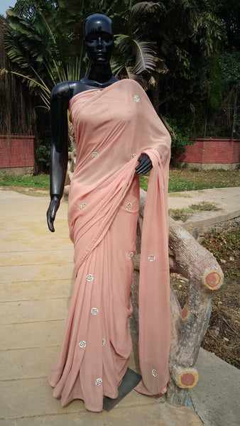 Rainbow Crystals Embellised Champagne Georgette Saree