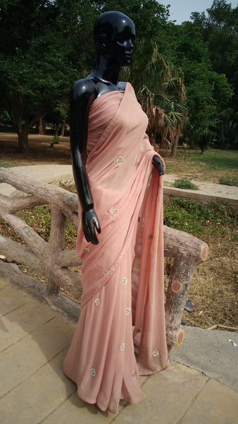 Rainbow Crystals Embellised Champagne Georgette Saree