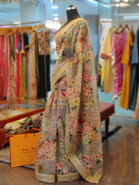Pastel Green  Floral Print Organza Saree