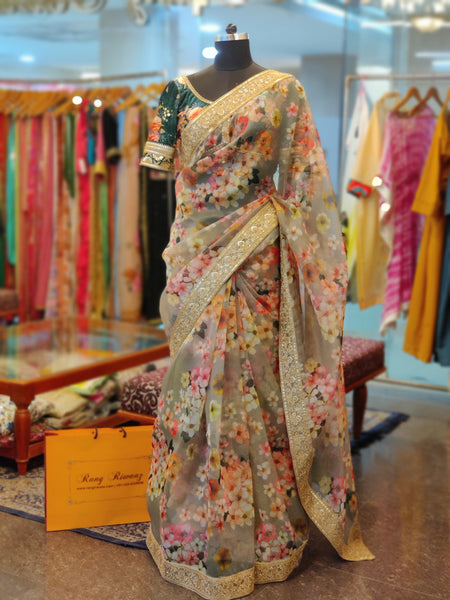 Pastel Green  Floral Print Organza Saree