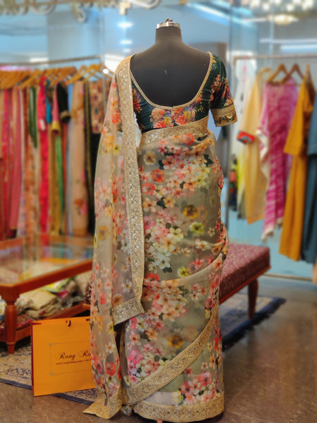 Pastel Green  Floral Print Organza Saree