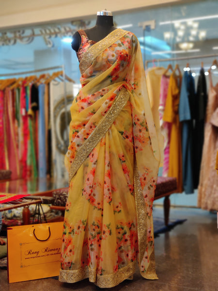 Pastel Yellow Floral Print Organza Saree