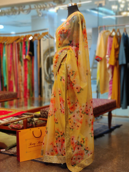 Pastel Yellow Floral Print Organza Saree