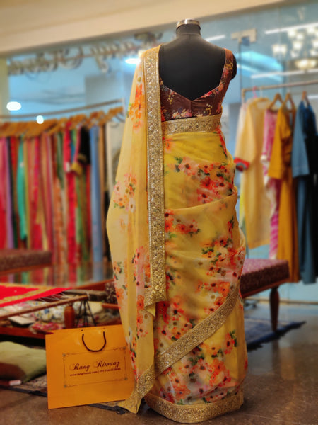 Pastel Yellow Floral Print Organza Saree