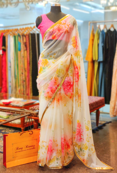 Ivory White Floral Print Organza Saree