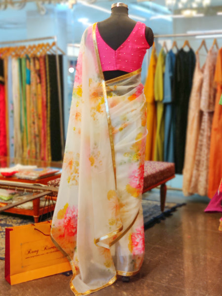 Ivory White Floral Print Organza Saree