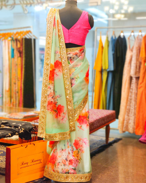 Sea Green Floral Print Organza Saree