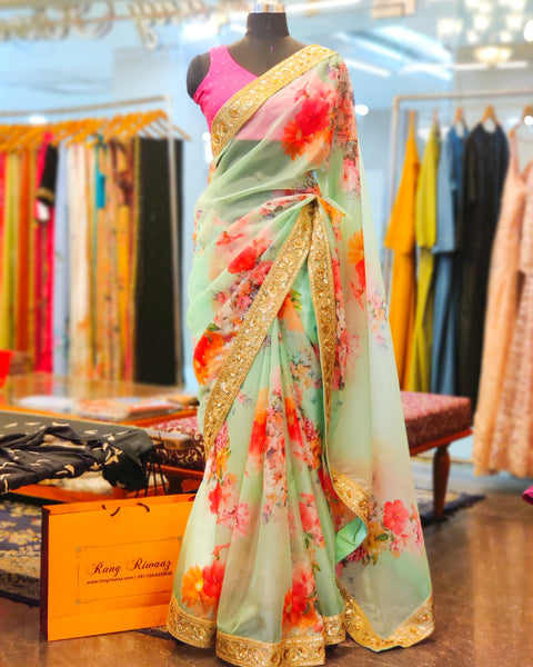 Sea Green Floral Print Organza Saree