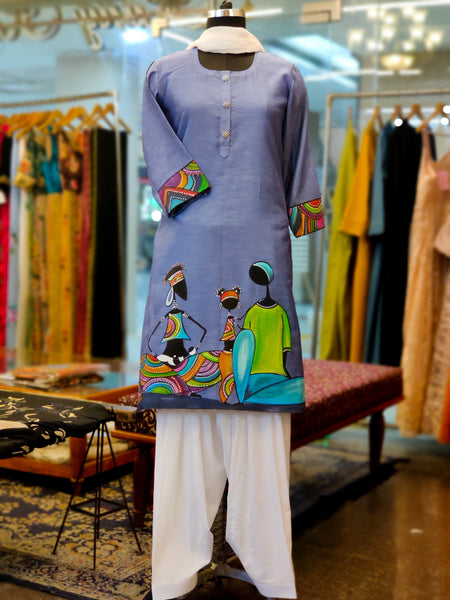 Grey Chanderi Hand Painted Kurta Suit