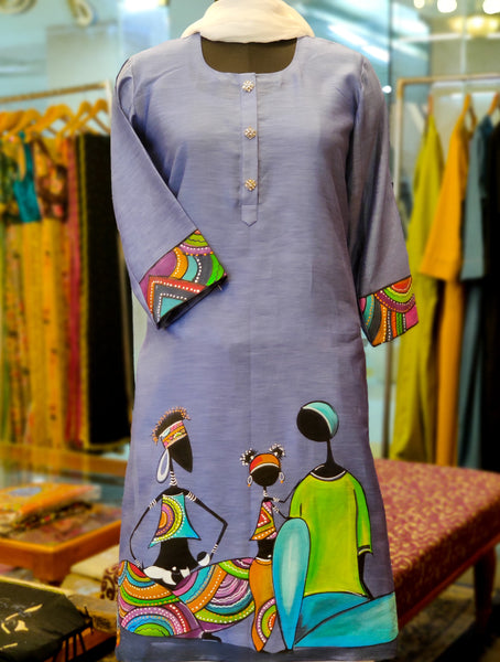 Grey Chanderi Hand Painted Kurta Suit