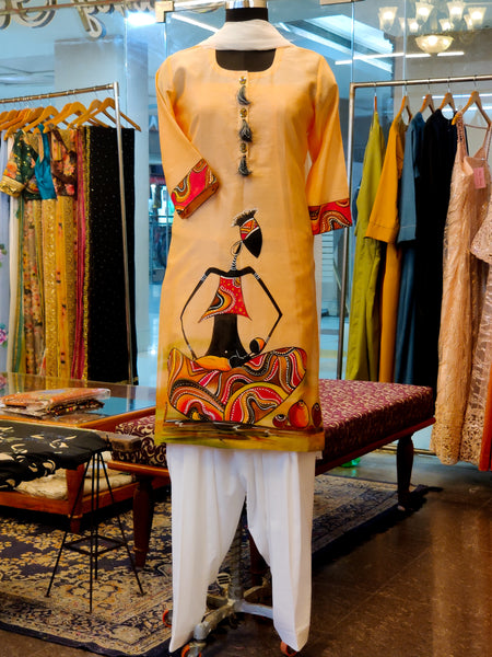 Peach Chanderi Hand Painted Kurta Suit