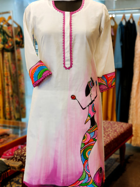 White Fuchsia Chanderi Hand Painted Kurta Suit