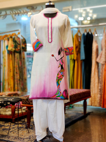 White Fuchsia Chanderi Hand Painted Kurta Suit