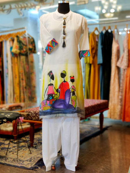 White Lime Chanderi Hand Painted Kurta Suit