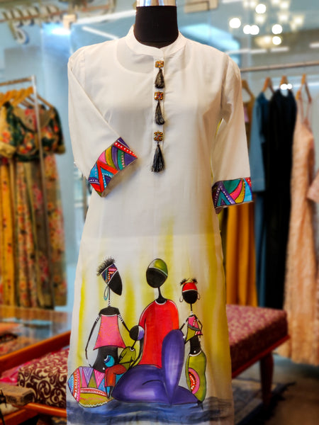 White Lime Chanderi Hand Painted Kurta Suit
