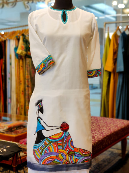 White Turquoise Chanderi Hand Painted Kurta Suit