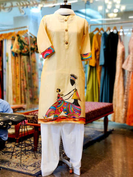 Butterscotch Yellow Chanderi Hand Painted Kurta Suit