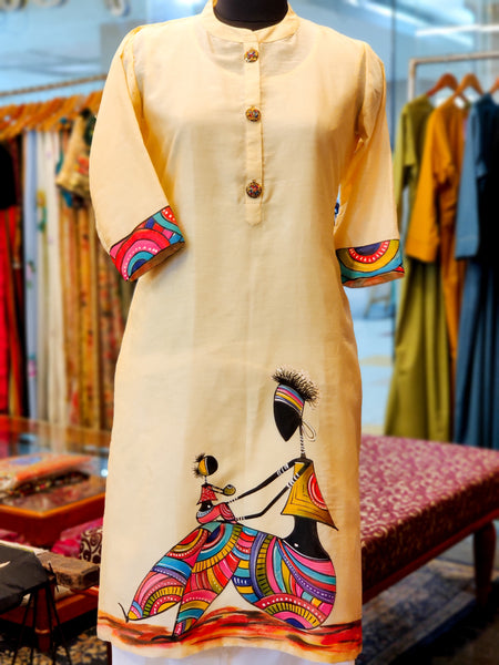 Butterscotch Yellow Chanderi Hand Painted Kurta Suit