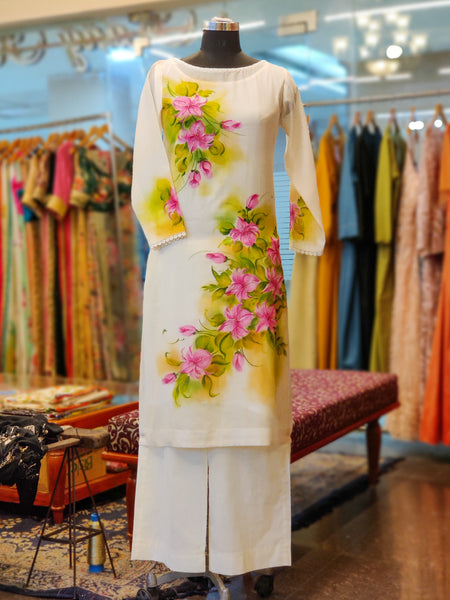 Off-white Hand Painted Floral Kurta Set