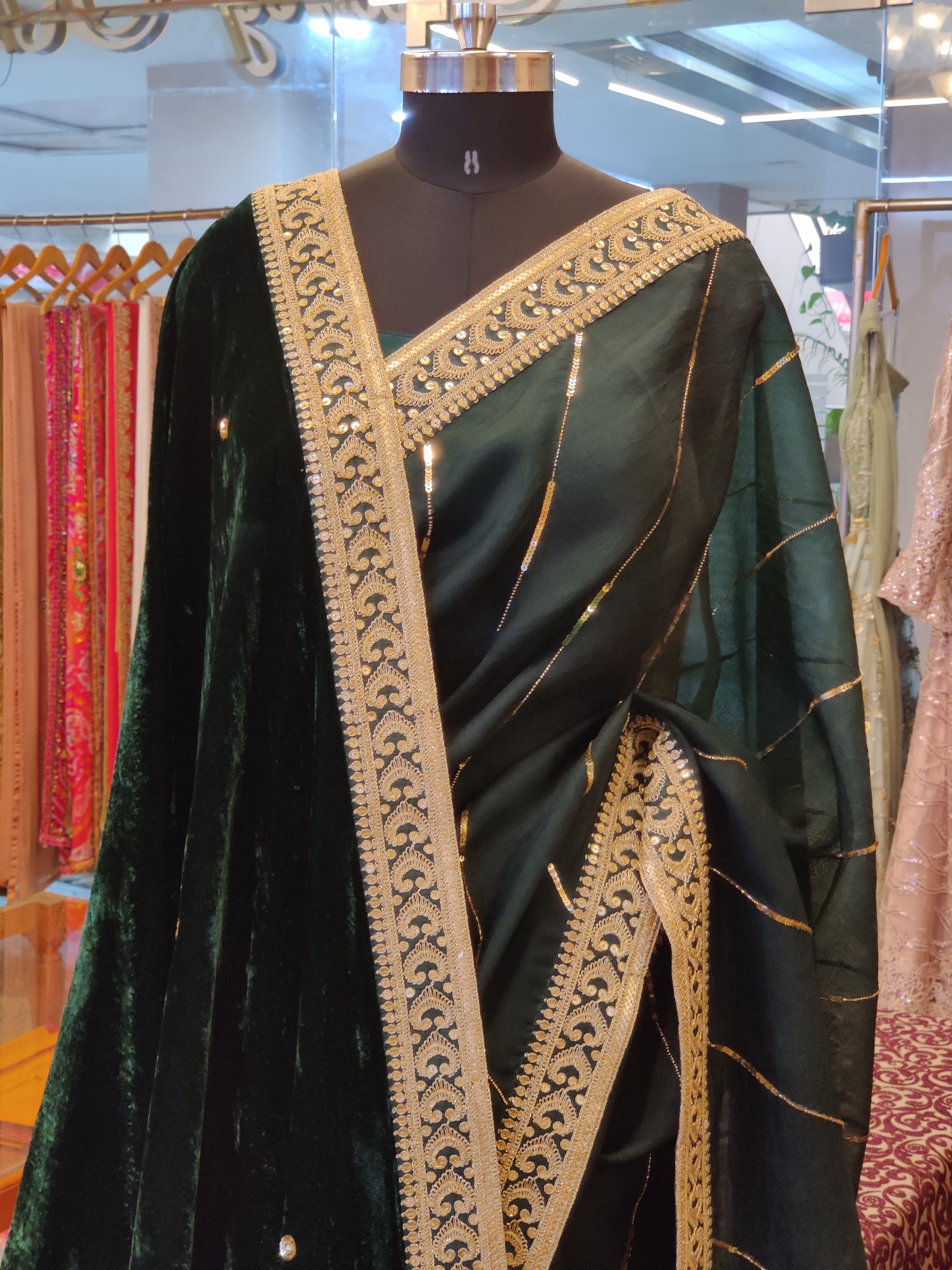 Bottle Green Sitara Leheriya Saree & Shawl Set