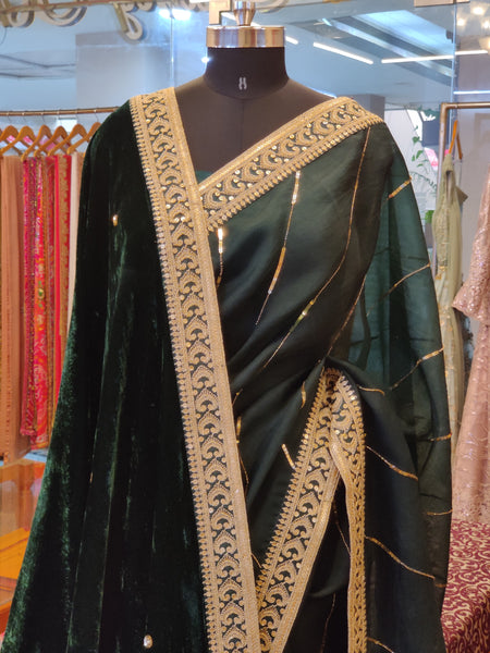 Bottle Green Sitara Leheriya Saree & Shawl Set
