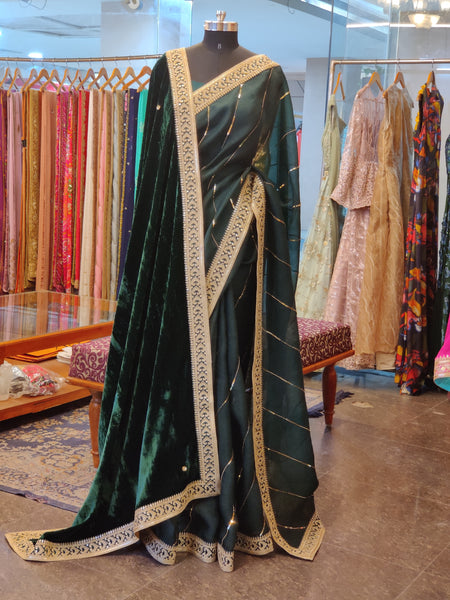 Bottle Green Sitara Leheriya Saree & Shawl Set