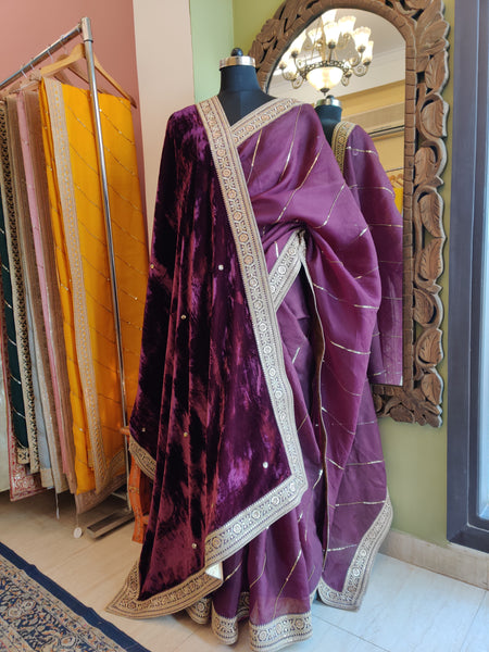 Wine Sitara Leheriya Saree & Shawl Set