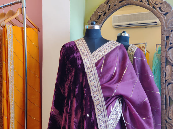 Wine Sitara Leheriya Saree & Shawl Set