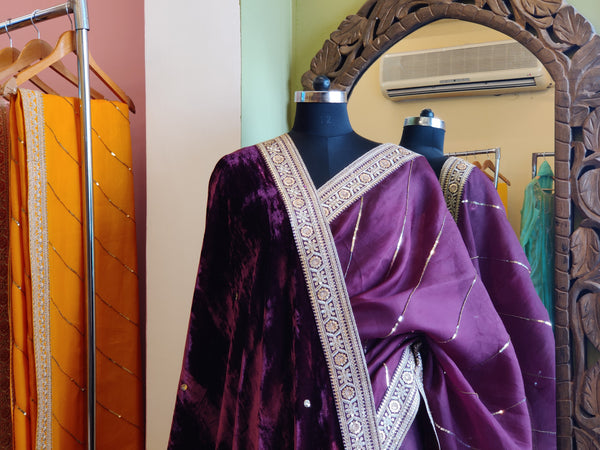Wine Sitara Leheriya Saree & Shawl Set