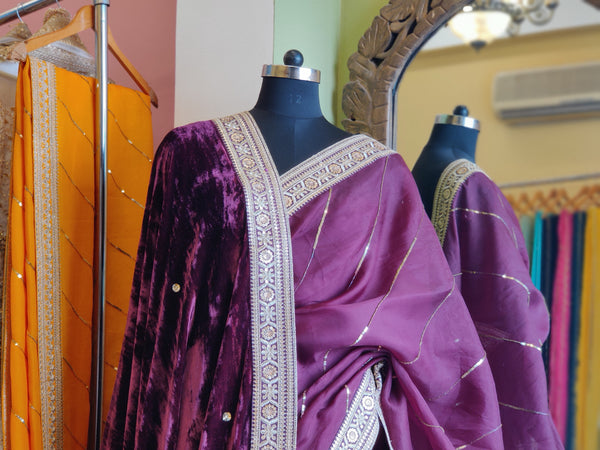 Wine Sitara Leheriya Saree & Shawl Set