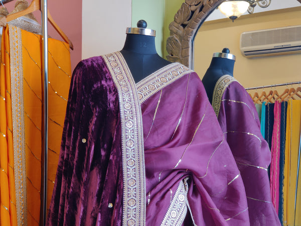 Wine Sitara Leheriya Saree & Shawl Set