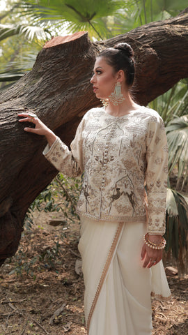 Ivory Shikargah Jacket Saree Set