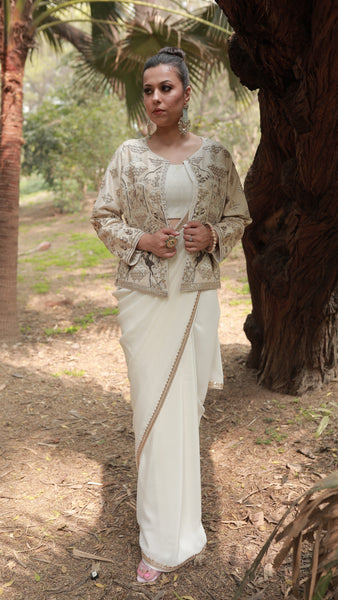 Ivory Shikargah Jacket Saree Set