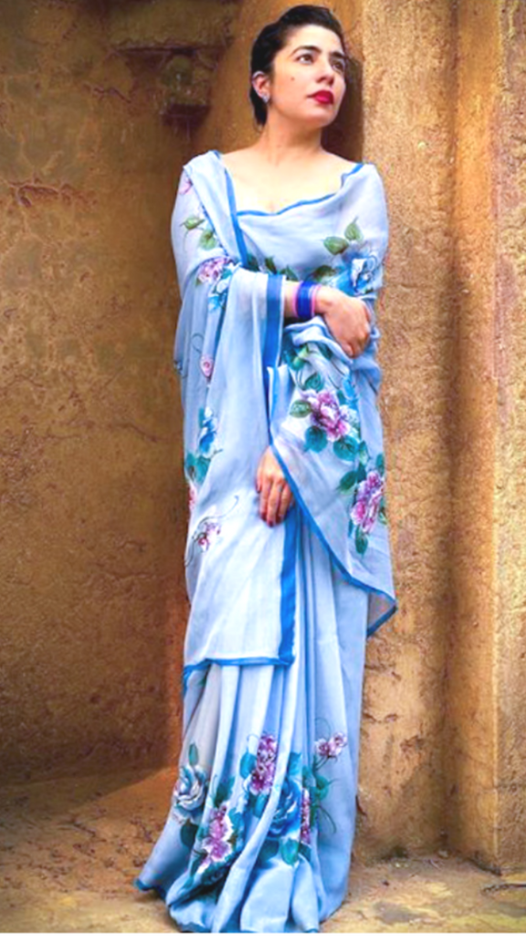 Hand Painted Sky Blue Saree