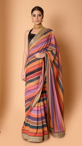 Retro Stripes Printed Saree
