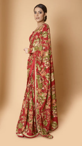 Floral Print Red Saree