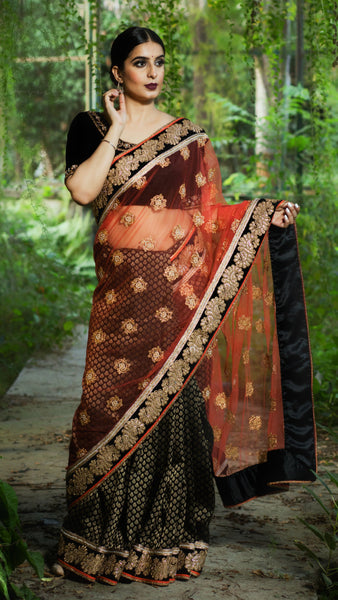 Orange Net with Black Brocade Half & Half Saree
