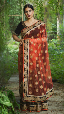 Orange Net with Black Brocade Half & Half Saree