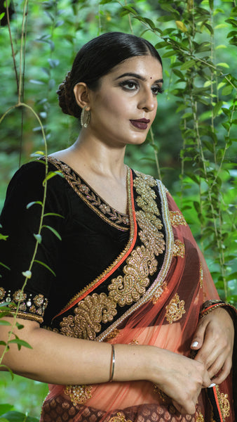 Orange Net with Black Brocade Half & Half Saree