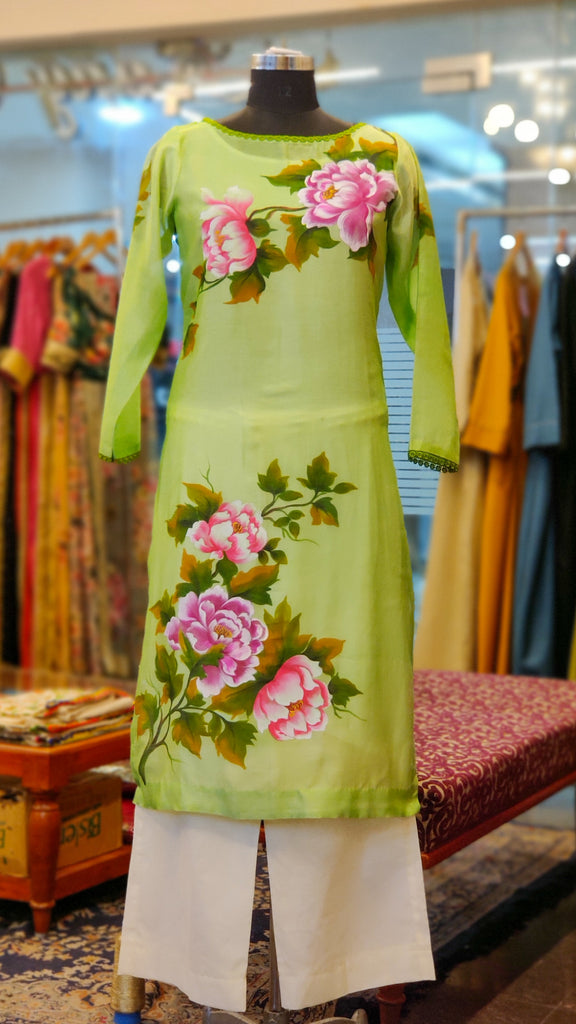 Sea foam Green Hand Painted Floral Kurta Set
