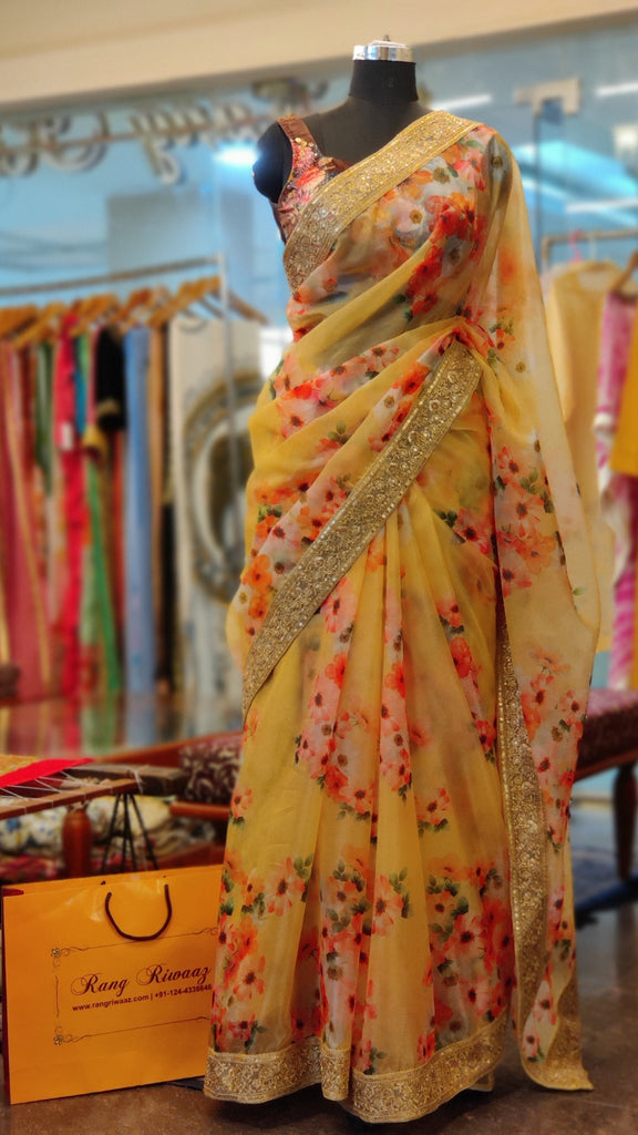 Pastel Yellow Floral Print Organza Saree