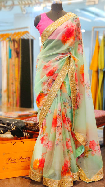 Sea Green Floral Print Organza Saree