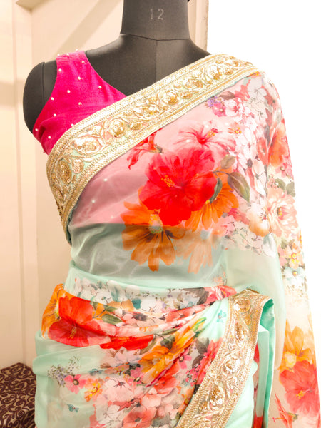 Sea Green Floral Print Organza Saree