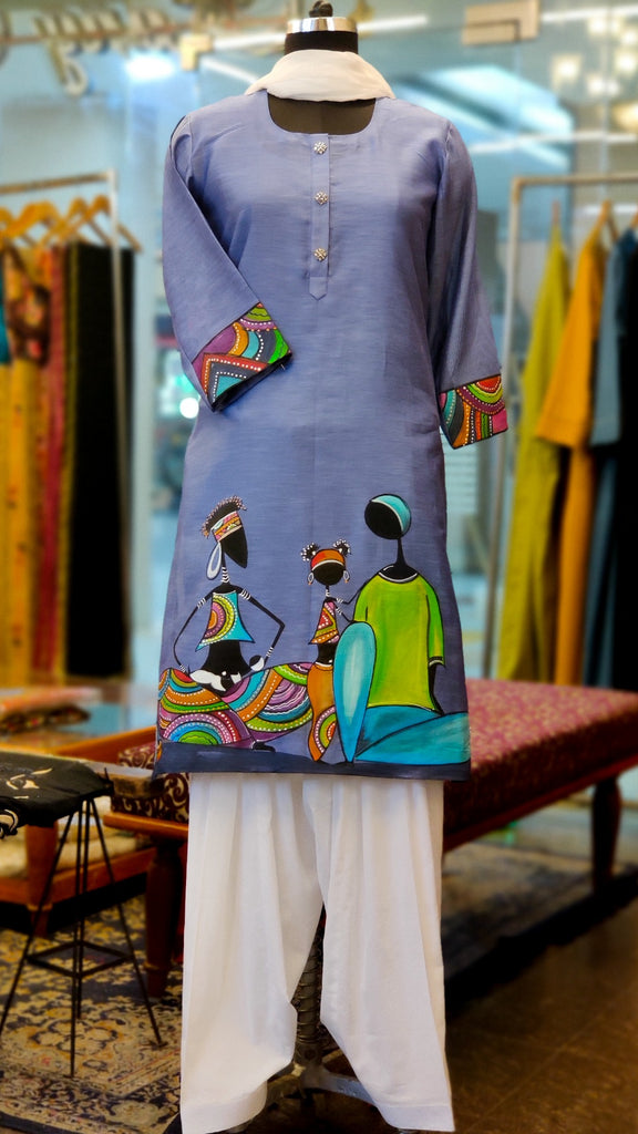 Grey Chanderi Hand Painted Kurta Suit