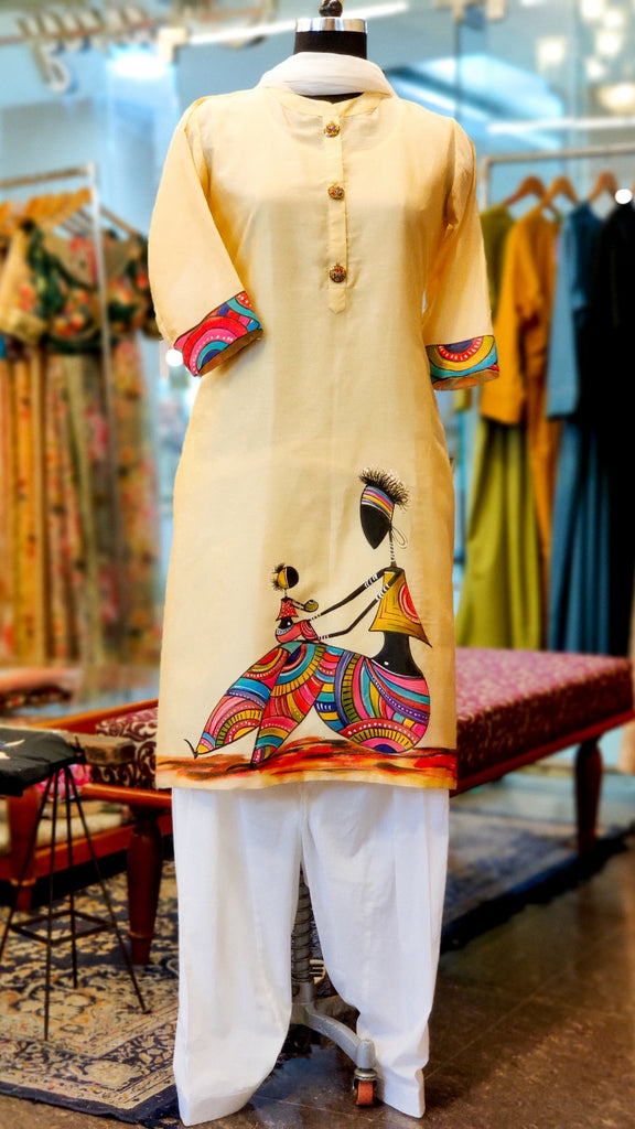 Butterscotch Yellow Chanderi Hand Painted Kurta Suit