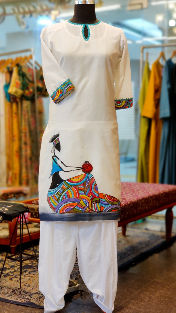 White Turquoise Chanderi Hand Painted Kurta Suit