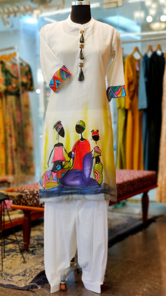 White Lime Chanderi Hand Painted Kurta Suit