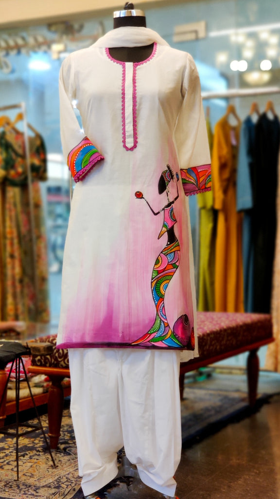 White Fuchsia Chanderi Hand Painted Kurta Suit